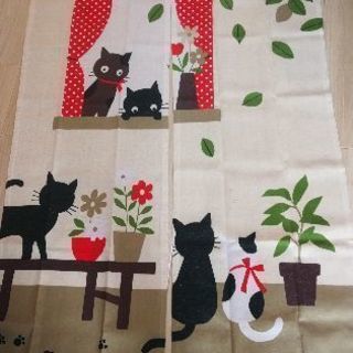 美品のれん3枚セット　ネコ柄ふくろう柄リーフ柄