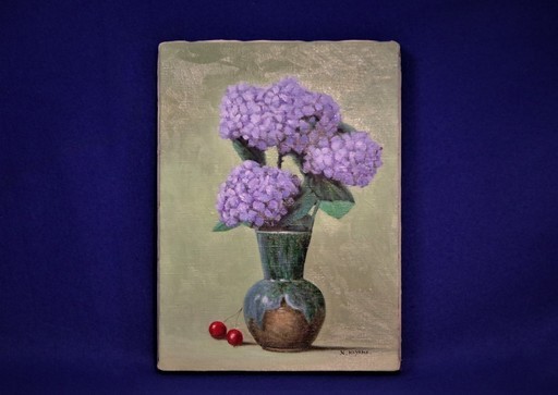 羽山登　Ｆ4油彩　【あじさい】　静物画　花　紫陽花　さくらんぼ