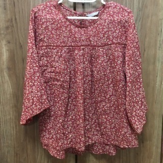 えんじ色 花柄 綿100 七分袖