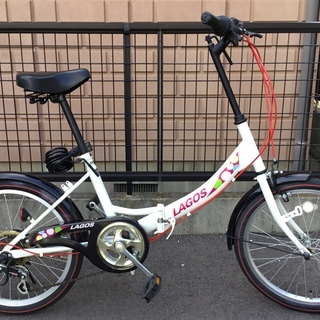 美品車★LAGOS・20インチ・折り畳み自転車 シマノ6段変速、ワイヤー錠付き