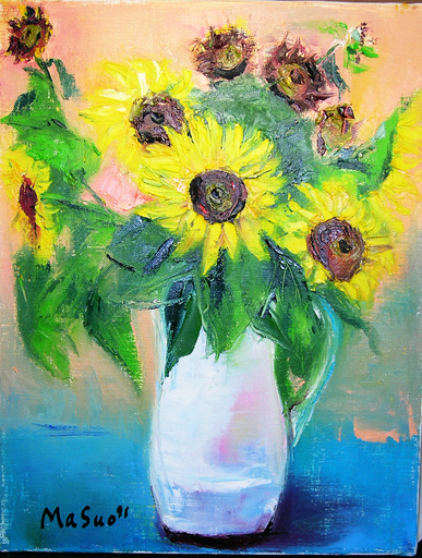 油絵　ひまわり　6号キャンバス　池田満寿夫　額縁付き