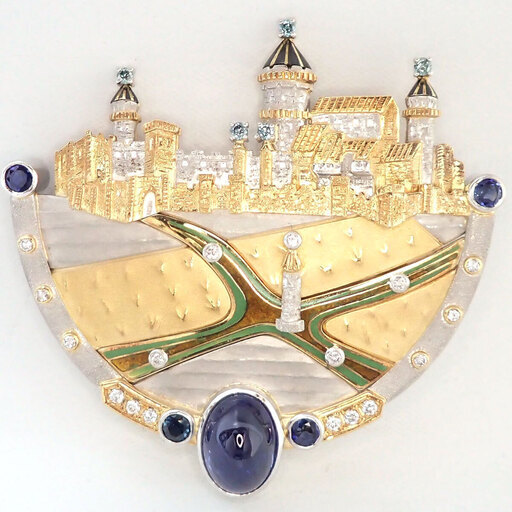 E205 K18 Pt900 ノイシュヴァンシュタイン城 ブローチ ペンダント D0.43ct S0.95ct S8.06ct 40g