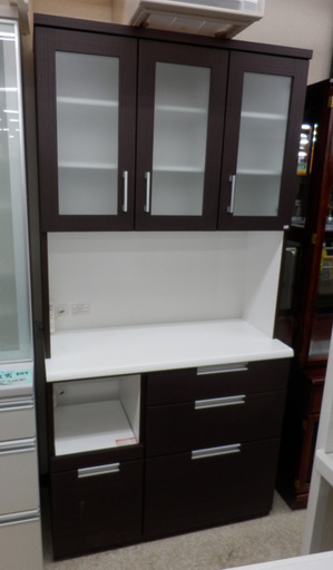 PayPay対応 レンジボード キッチンボード 食器棚 ３枚扉 鏡面 セパレート ブラウン 幅100㎝ 高さ193㎝ 札幌市西区西野