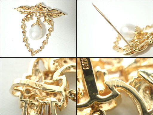 E201 K18 ネックレストップ ブローチ 13.5g ダイヤ 1.01ct 真珠 パール