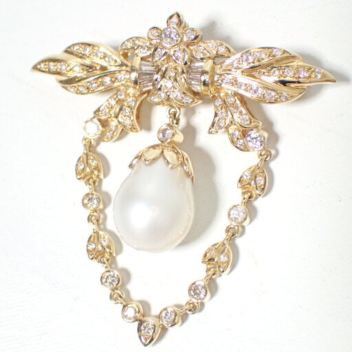 E201 K18 ネックレストップ ブローチ 13.5g ダイヤ 1.01ct 真珠 パール
