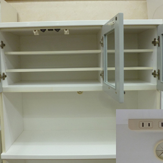レンジボード キッチンボード 食器棚 キッチン収納 二口コンセント付き L型転倒防止補助金具付き レール式 スライドレール式 ホワイト×グレー ☆ PayPay(ペイペイ)決済可能 ☆ 札幌市 清田区 平岡