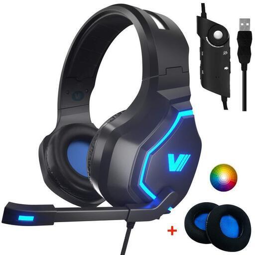 2019 ゲーミングヘッドセット PC/PS4/SWITCH 軽量（295ｇ） マルチカラーLED 7.1Ch サラウンド（PC用 交換用メッシュイヤーマフ ノイキャンマイク FPS推奨 Voice Chat USB接続 VWELL