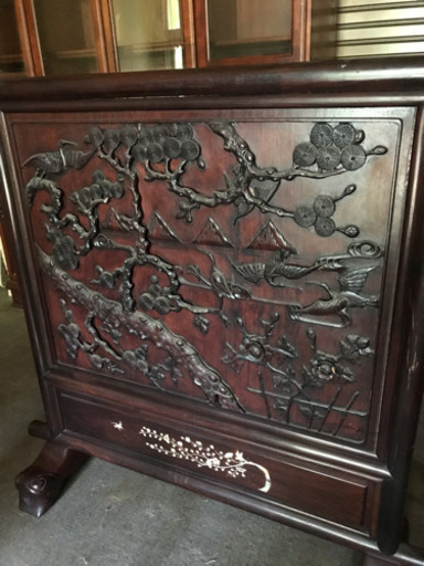  ??中国骨董 黒檀 衝立 蘇州寒山寺 漢詩 