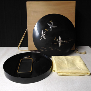 a863 漆器 蒔絵 円形硯箱 漆塗 鶴 硯箱 書道具 合わせ箱 硯 水滴