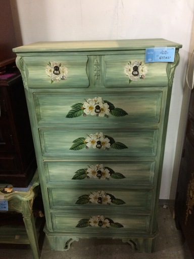 ★来店限定★ アンティーク　ヨーロッパ調　フラワーペイント　グリーン　チェスト