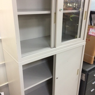 ★来店限定★コクヨ製　2段事務用スチールキャビネット　引違　ガラス扉　カギ有　中古の画像