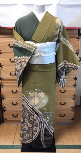 辻が花 訪問着 濃緑