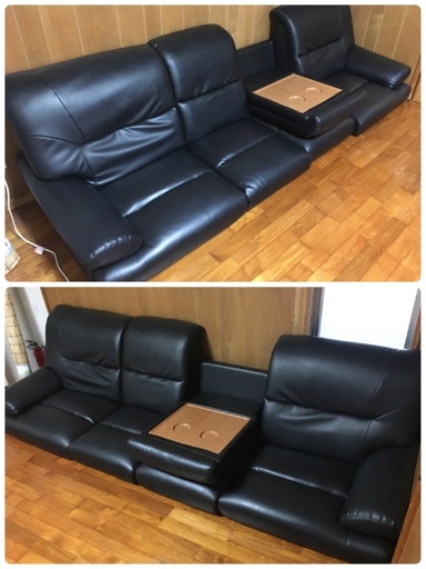 ローソファー　おしゃれ　合皮レザー　ブラック　ハイバック　テーブル付