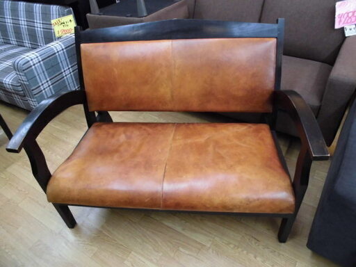 2人掛けソファ 木製フレーム×レザー アームソファ アンティーク調 アジアン風　ブラウン系　西岡店