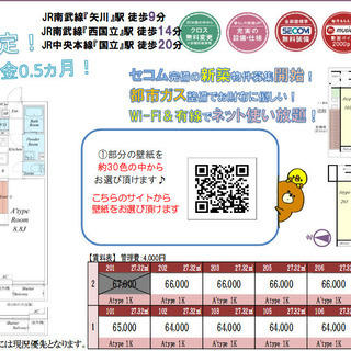 矢川 6月申し込み限定、礼金０.5　、敷金０