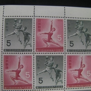 ハンドボール【未使用】第19回国民体育大会記念切手 1964年 切手シート(5円x20枚) 昭和 記念 銘版 未使用・美品の画像