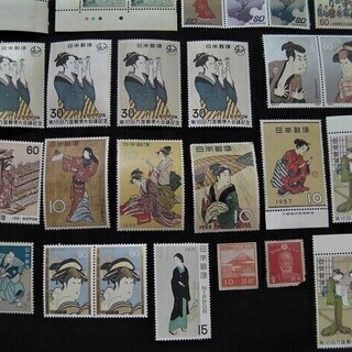 【未使用】◎お宝発見！人気のシリーズ切手・浮世絵・東海道五十三次・月に雁・見返り美人・切手趣味週刊・美人画★43枚オマケ額面合計1745円12銭の画像