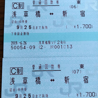 JR 浅草橋⇔新宿の普通回数券6枚の画像