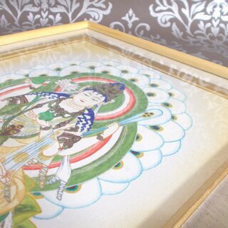 【取引完了】未使用●仏画『孔雀明王』《F４サイズ/木枠/ガラス》額縁/額装●インテリア/リラクゼーションの画像