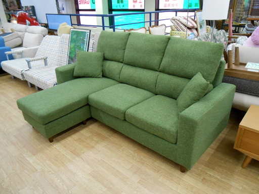 3人掛け カウチソファ－ 幅190×奥行83×高さ91cm グリーン/緑 L字ソファー コーナーソファー オットマン付き スツールソファー ソファ ソファー カウチ ☆ PayPay(ペイペイ)決済可能 ☆ 札幌市 清田区 平岡