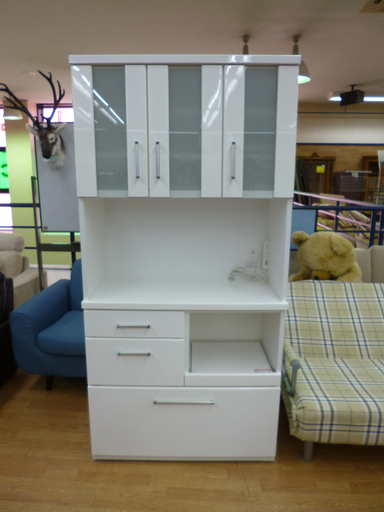 ニトリ レンジボード 幅88×奥行40×高さ180cm キッチンボード 食器棚 コンセント付き ホワイト☆ PayPay(ペイペイ)決済可能 ☆ 札幌市 清田区 平岡