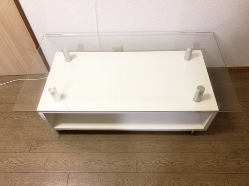 【美品】センターテーブル　おしゃれ　白　ホワイト　ガラス天板　リビング　支柱修復済み
