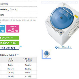 洗濯乾燥機［美品］先着順 SHARP ES-TA840-Aブルー系 洗濯8ｋ/乾燥4.5k