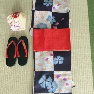 紫格子浴衣 巾着下駄帯つき