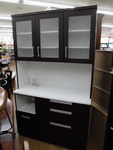 レンジボード キッチンボード 幅120cm こげ茶×白 たっぷり収納☆　西岡店