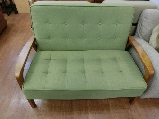 2人掛けソファー グリーン×ブラウン 【トレファク上尾店】