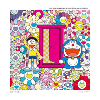 ドラえもん お花畑の中の「どこでもドア」版画