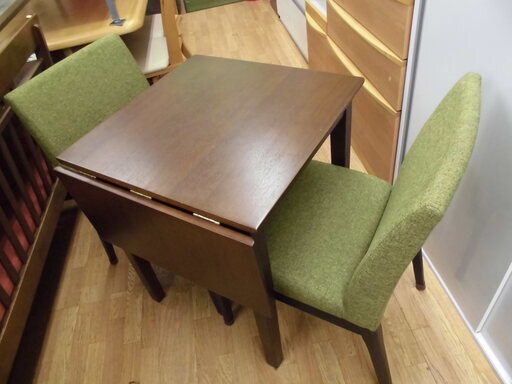 バタフライ 2人掛けダイニングセット 伸長式テーブルとイス2客のセット ブラウン×グリーン　西岡店