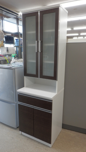 PayPay対応 食器棚 スリム レンジボード キッチンボード ラック ２枚扉 引き出し 鏡面 ブラウン 木目 カップボード 札幌市西区西野