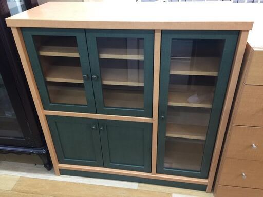 ミニ食器棚　ブラウン×グリーン