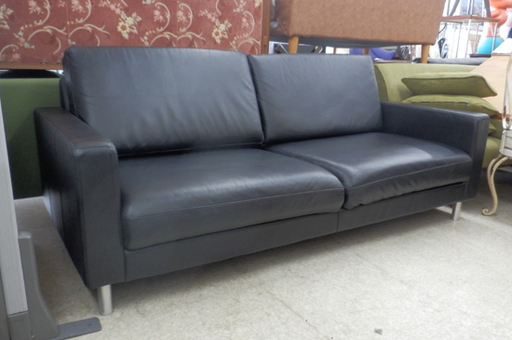 PayPay対応 MUJI/無印良品 革張りソファ 2～3シーター 3人掛け 幅180㎝ ブラック 黒 肘付き 本革 脚シルバー 札幌市西区西野