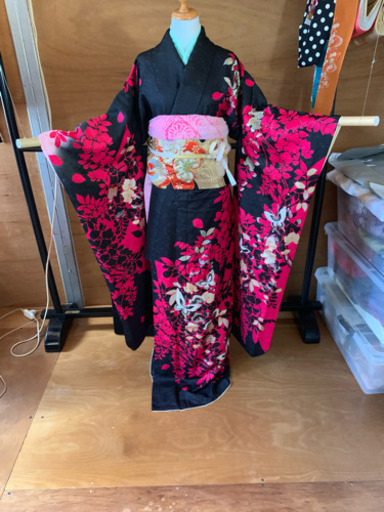 成人式用  振袖正絹  美品金銀糸刺繍蝶々柄   3点セット