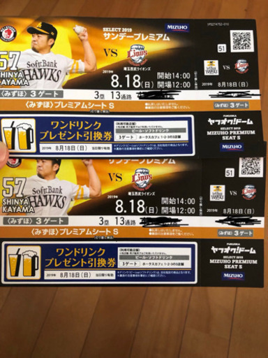 【値下げします】8/18(日) ソフトバンク✖️西武 みずほS指定席ペアチケット