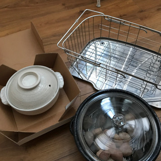 未使用土鍋、美品焼き芋鍋、水受けトレイの三点セット