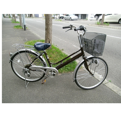 札幌 美品【24インチ自転車 ママチャリ】6段変速 ブラウン/茶色系 ライト カゴ カギ付き  シティサイクル シティーサイクル 本郷通店