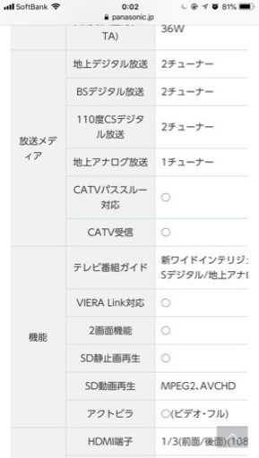 Panasonic ビエラ46V型プラズマテレビ 2008年製
