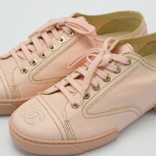 181)【試し履きのみ】CHANE キャンバススニーカー size36 ライトピンク ココマーク 元箱・保存袋付き シャネルの画像