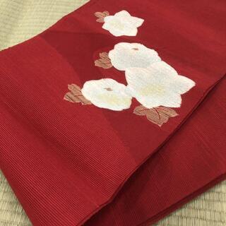 着物帯　浴衣帯　紗？　絽？　透け　赤色　白花 MM45