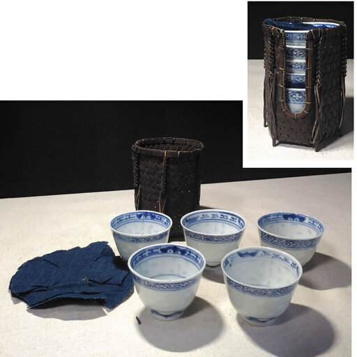 c166 蛍焼 煎茶碗 5客 碗筒入り 蛍手 茶碗 茶道具 碗筒