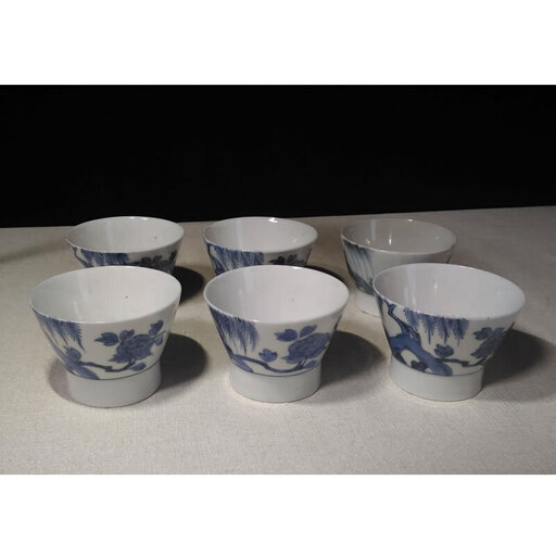 c175 古伊万里 蕎麦猪口 6客 染付 そば猪口 柳紋