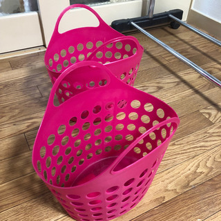 【売約済】柔らかいカゴ2個セット ピンク オーバルドットバスケット