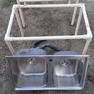 ステンレス2槽流し，キャンピングカーやキッチンカーの厨房機器，家庭の外流しに（野菜洗いや魚料理用）の画像