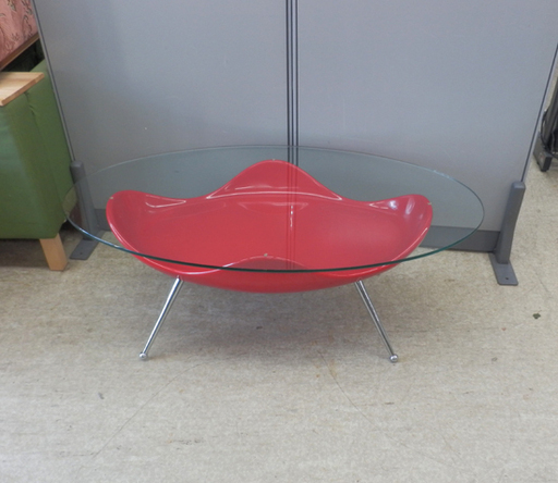 PayPay対応 ガラステーブル センターテーブル オーバル 赤 スペースエイジ風 レッド 札幌市西区西野
