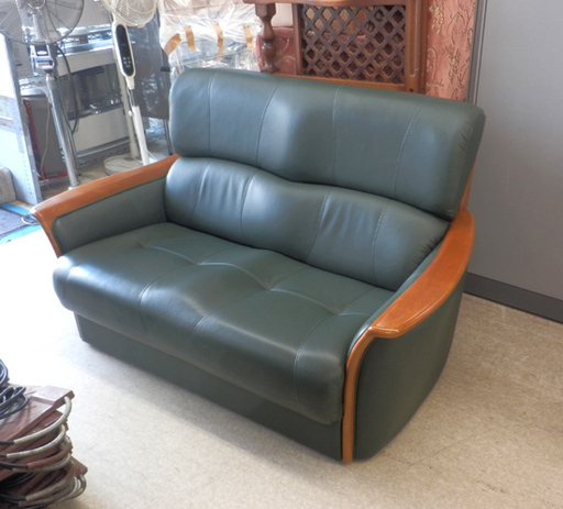 PayPay対応 2人掛けソファ 浜本工芸  緑 本革 札幌市西区西野