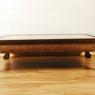 座卓 花梨(彫刻入) 美品 0623 花梨 彫刻 座卓 ガラス天板 獣脚 幅127cm 高さ36.5cm