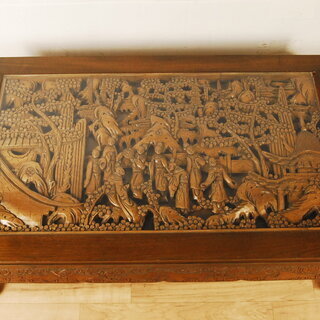 0623 花梨 彫刻 座卓 ガラス天板 獣脚 幅127cm 高さ36.5cm